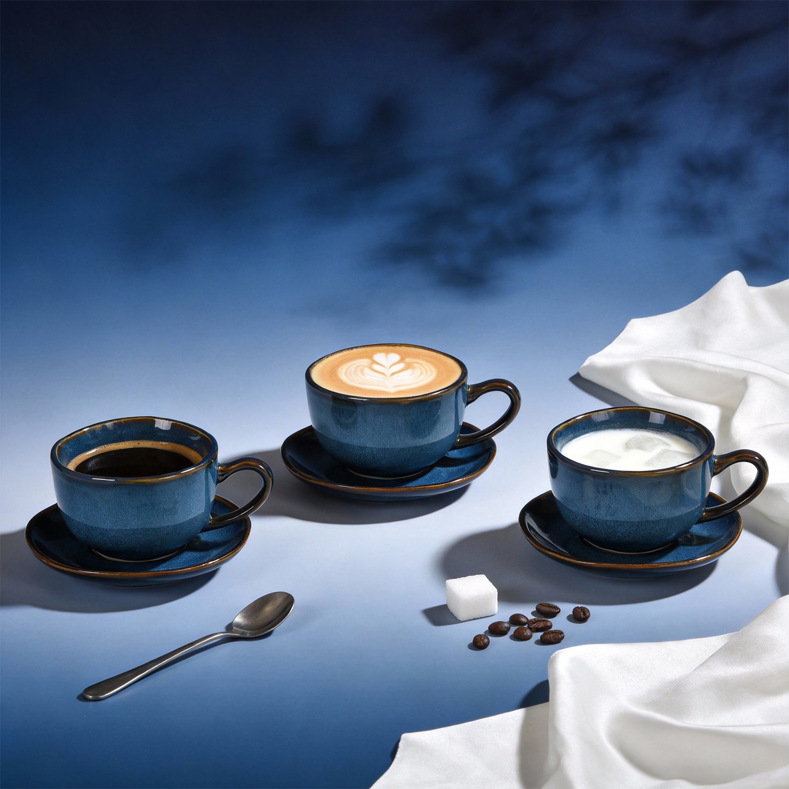 6-Piece Handmade Ceramic Coffee Cup Set with Saucers - Organic Highland Shape, Reactive Glaze & Wavy Rim, 8oz, Microwave & Dishwasher Safe, Scratch Resistant - Modern Blue