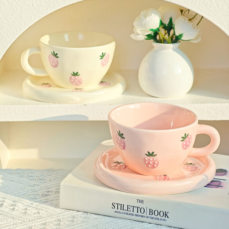 A Set of Creative and Simple Hand-pulled and Hand-drawn Three-dimensional Relief Cherry, Blueberry and Lemon Ceramic Coffee Cups and Plates for Home Use