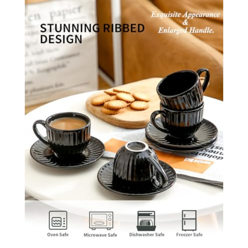 8 Piece 15 oz Coffee Mug Porcelain Set of 4 4 Oz Espresso Cups with Saucers Set of 4 Black