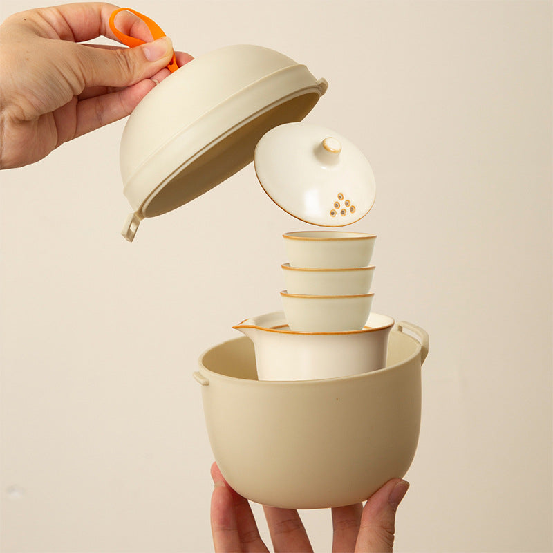 4pcs Vintage Beige Ruyao Ceramic Teapot Set(Travel Case) Portable Outdoor Travel Teapot Set The Perfect Travel Gift Accessory