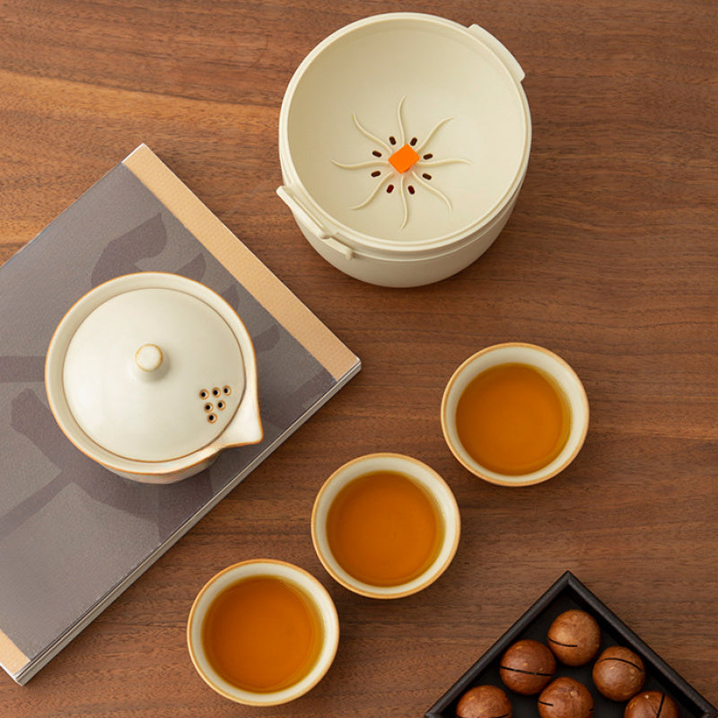 4pcs Vintage Beige Ruyao Ceramic Teapot Set(Travel Case) Portable Outdoor Travel Teapot Set The Perfect Travel Gift Accessory