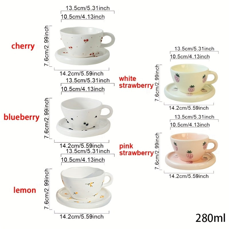 A Set of Creative and Simple Hand-pulled and Hand-drawn Three-dimensional Relief Cherry, Blueberry and Lemon Ceramic Coffee Cups and Plates for Home Use