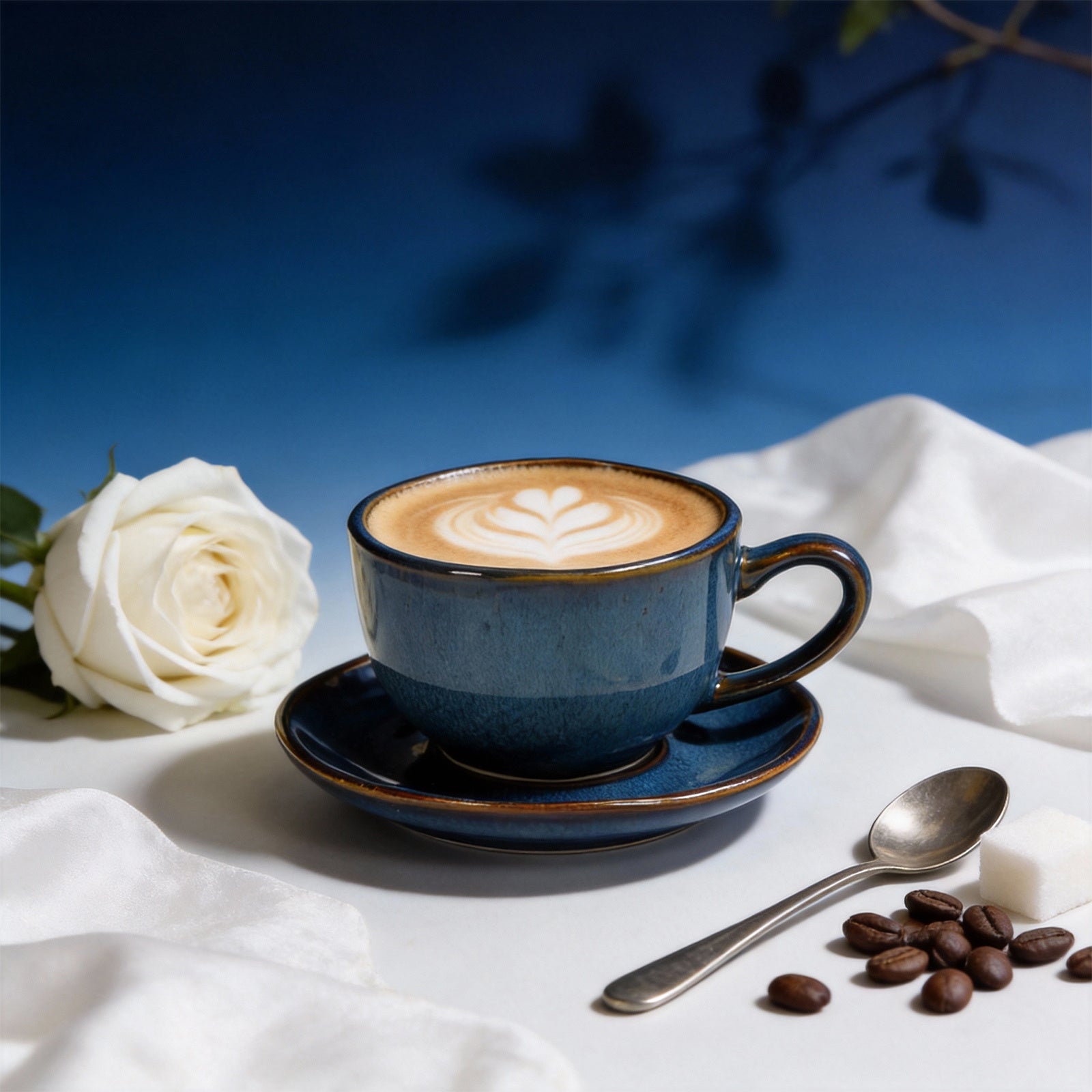 6-Piece Handmade Ceramic Coffee Cup Set with Saucers - Organic Highland Shape, Reactive Glaze & Wavy Rim, 8oz, Microwave & Dishwasher Safe, Scratch Resistant - Modern Blue