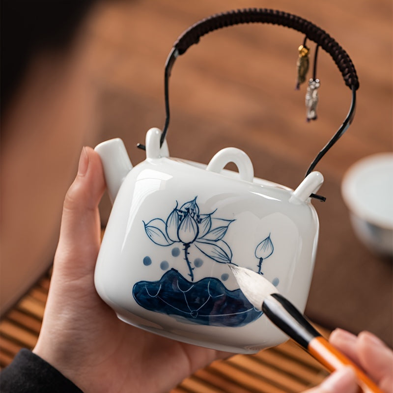 A Set of Hand-Painted Teapots, And Porcelain Travel Tea Set, Lotus Flower Kettle with a Storage Bag, One Kettle And Three Cups, Portable Tea And Coffee Combination for Outdoor Camping, a Business Gift, Perfect for Tea Enthusiasts