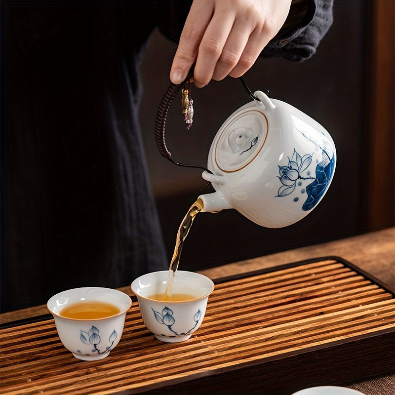 A Set of Hand-Painted Teapots, And Porcelain Travel Tea Set, Lotus Flower Kettle with a Storage Bag, One Kettle And Three Cups, Portable Tea And Coffee Combination for Outdoor Camping, a Business Gift, Perfect for Tea Enthusiasts