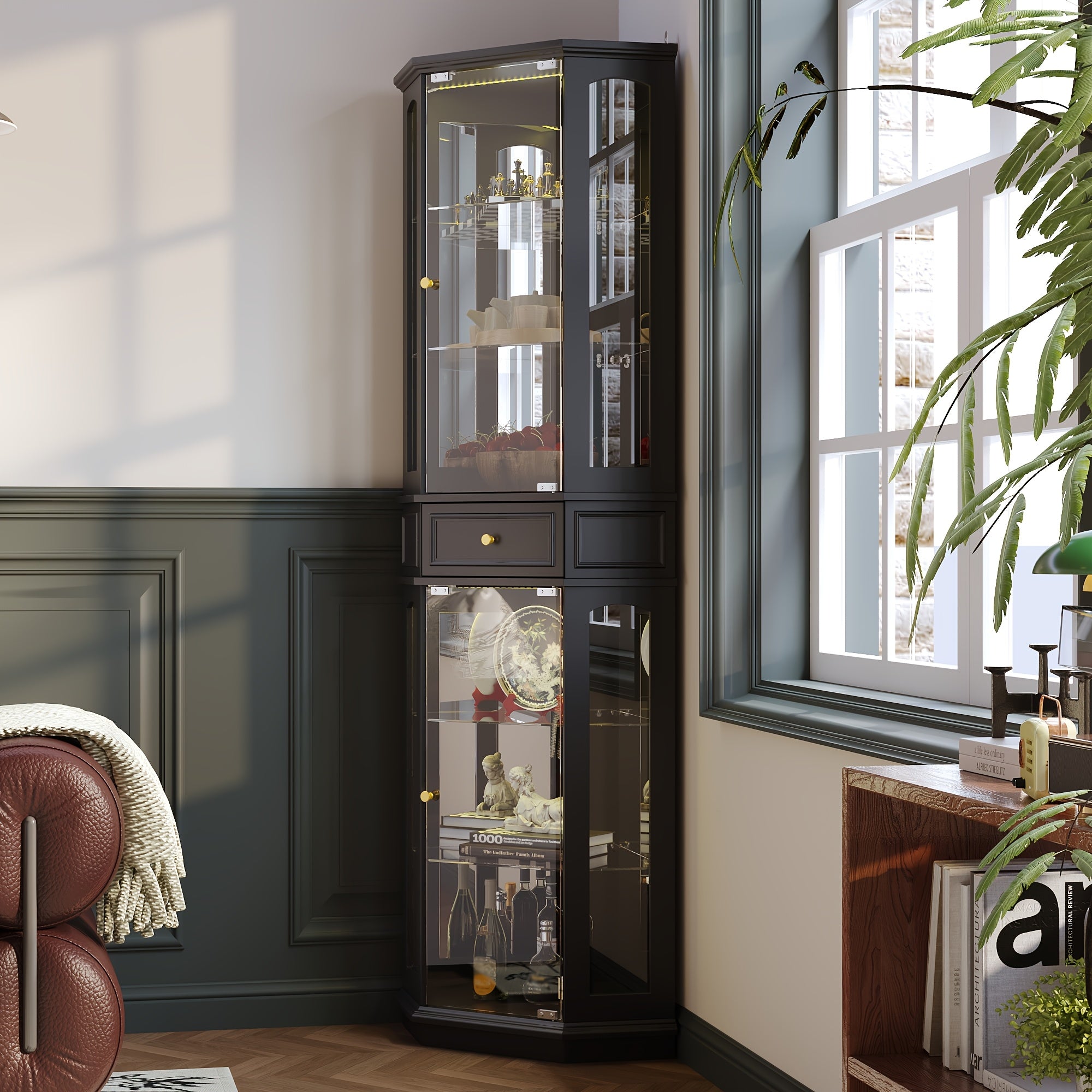 77.5 Inches High Glass Showcase Featuring One Drawer And Six Shelves, a Bookcase Equipped with Seven-Color LED Lighting And Tempered Glass Doors, a Storage Unit Suitable for The Living Room, Stylishly Designed in Black