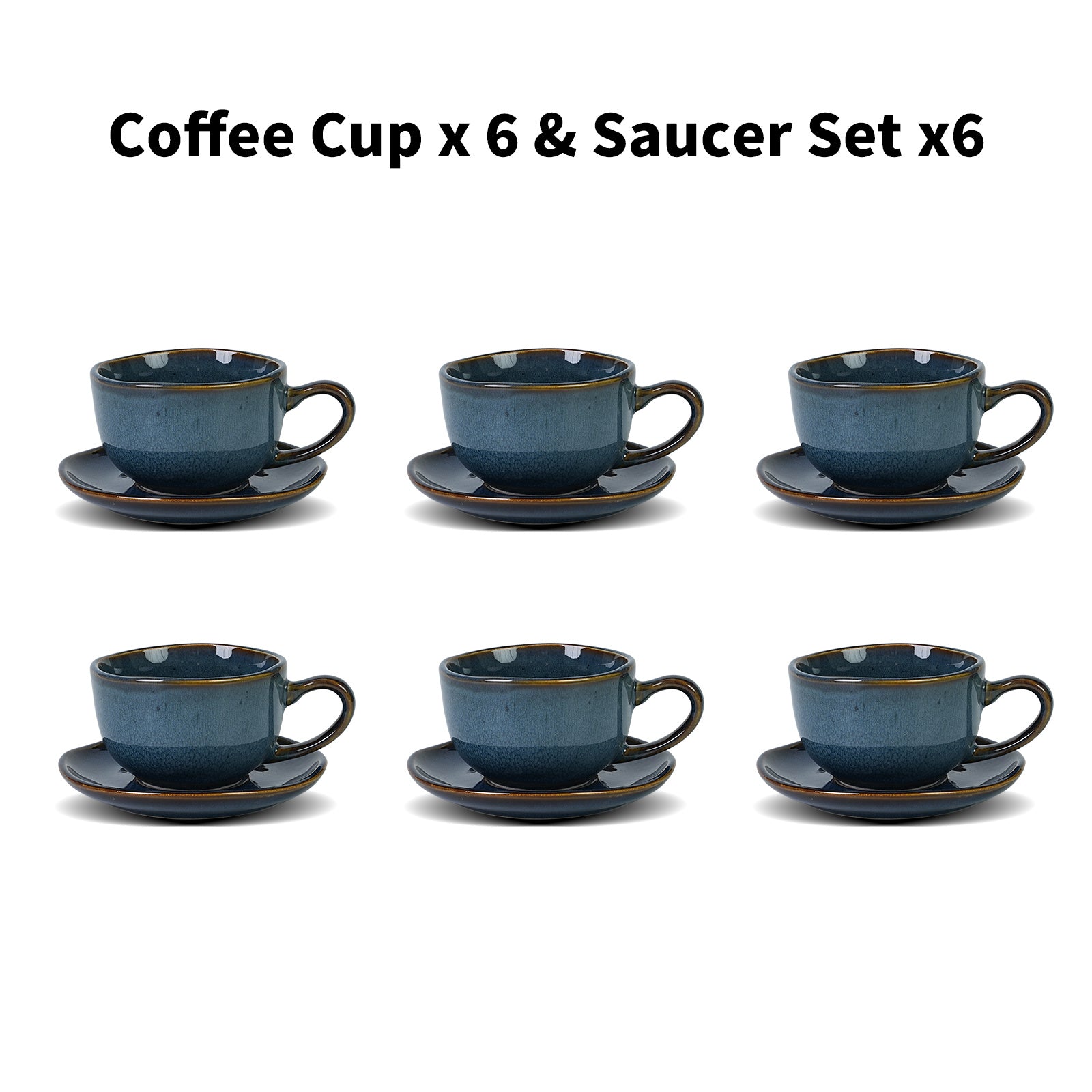 6-Piece Handmade Ceramic Coffee Cup Set with Saucers - Organic Highland Shape, Reactive Glaze & Wavy Rim, 8oz, Microwave & Dishwasher Safe, Scratch Resistant - Modern Blue