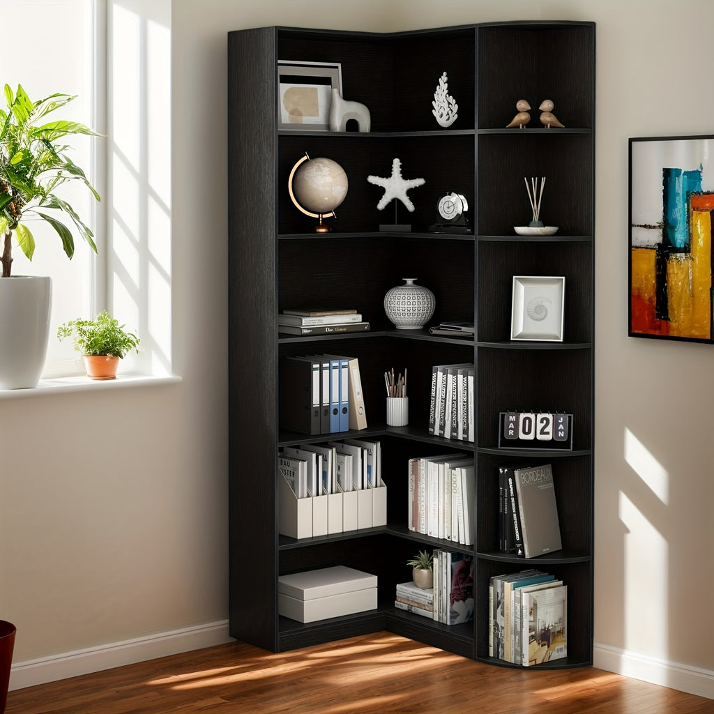 Contemporary 71-Inch Tall Bookshelf, a Standalone Corner Unit, Finished in an Elegant White, Offers 6 Levels of Storage with a Complete Backsplash, Ideal for Enhancing The Functional Aesthetics of Your Living Room, Bedroom, And Office