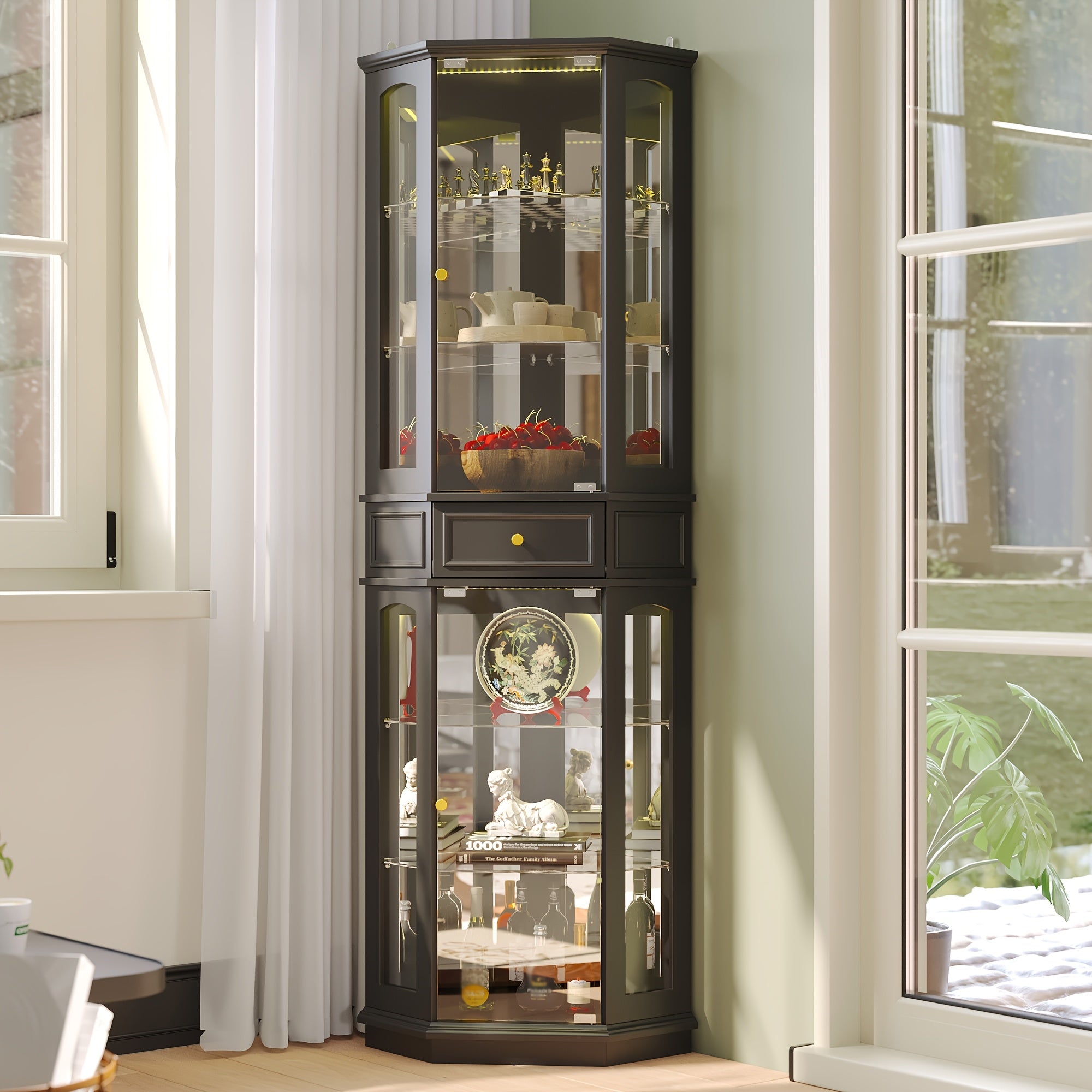 77.5 Inches High Glass Showcase Featuring One Drawer And Six Shelves, a Bookcase Equipped with Seven-Color LED Lighting And Tempered Glass Doors, a Storage Unit Suitable for The Living Room, Stylishly Designed in Black