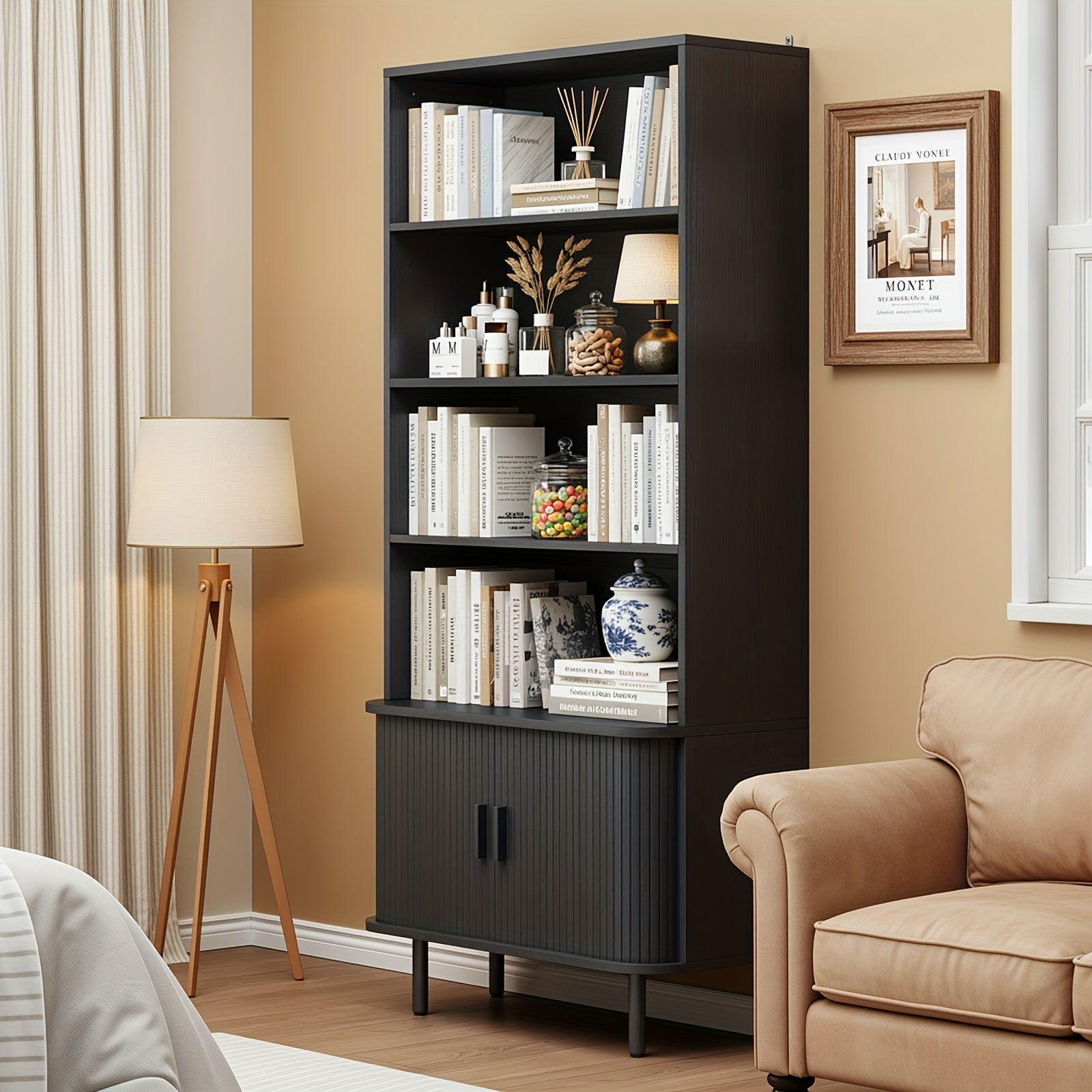 71-Inch Bookshelf Featuring 4 Shelves, Storage Cabinets, Adjustable Shelves with Sliding Doors, And Adjustable Feet, Suitable for Home Office Or Living Room in Walnut Finish.