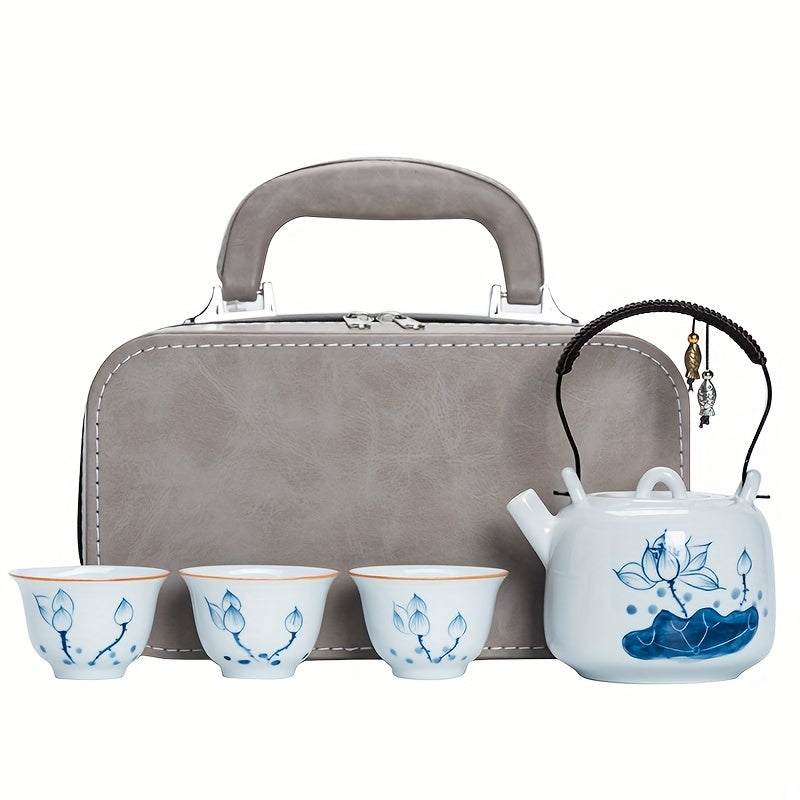 A Set of Hand-Painted Teapots, And Porcelain Travel Tea Set, Lotus Flower Kettle with a Storage Bag, One Kettle And Three Cups, Portable Tea And Coffee Combination for Outdoor Camping, a Business Gift, Perfect for Tea Enthusiasts