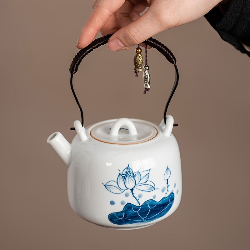 A Set of Hand-Painted Teapots, And Porcelain Travel Tea Set, Lotus Flower Kettle with a Storage Bag, One Kettle And Three Cups, Portable Tea And Coffee Combination for Outdoor Camping, a Business Gift, Perfect for Tea Enthusiasts