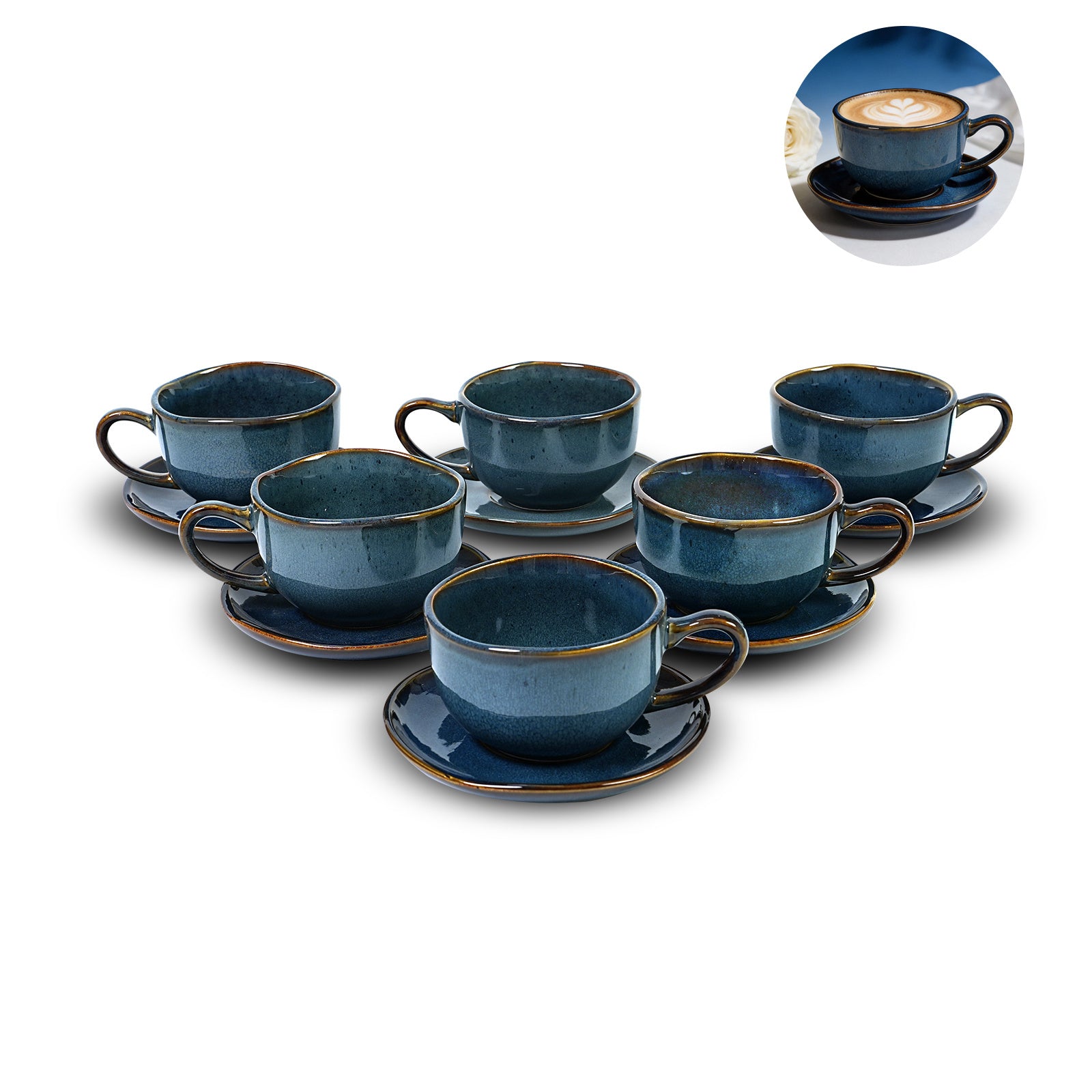 6-Piece Handmade Ceramic Coffee Cup Set with Saucers - Organic Highland Shape, Reactive Glaze & Wavy Rim, 8oz, Microwave & Dishwasher Safe, Scratch Resistant - Modern Blue