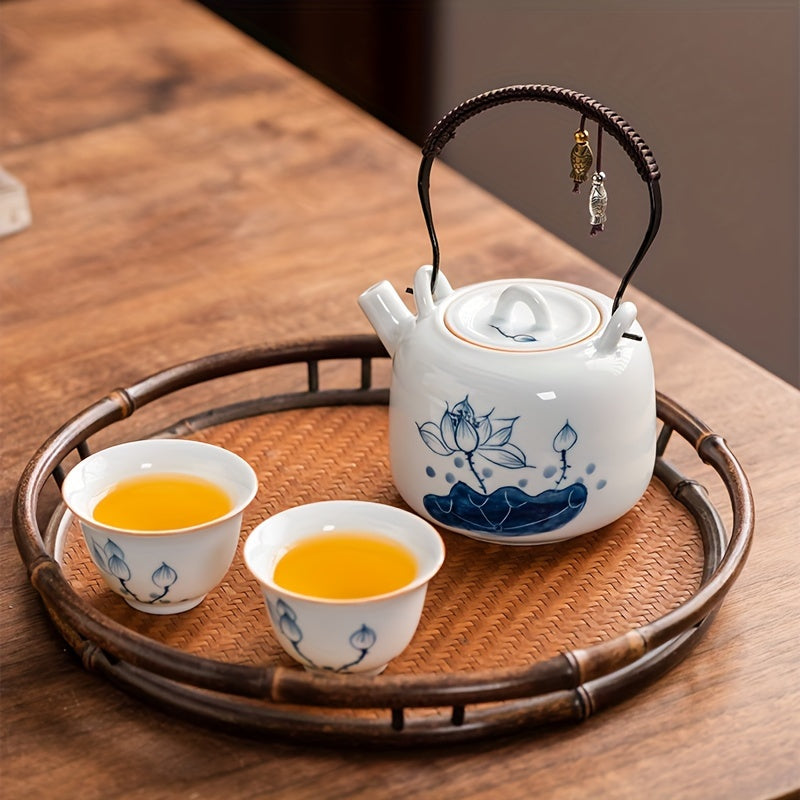 A Set of Hand-Painted Teapots, And Porcelain Travel Tea Set, Lotus Flower Kettle with a Storage Bag, One Kettle And Three Cups, Portable Tea And Coffee Combination for Outdoor Camping, a Business Gift, Perfect for Tea Enthusiasts