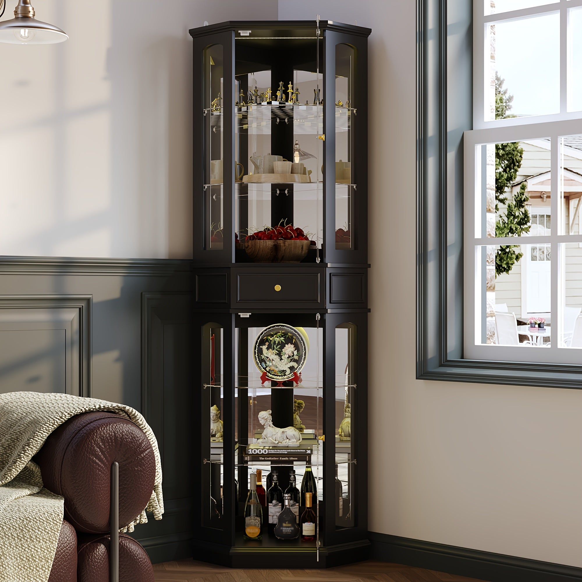 77.5 Inches High Glass Showcase Featuring One Drawer And Six Shelves, a Bookcase Equipped with Seven-Color LED Lighting And Tempered Glass Doors, a Storage Unit Suitable for The Living Room, Stylishly Designed in Black