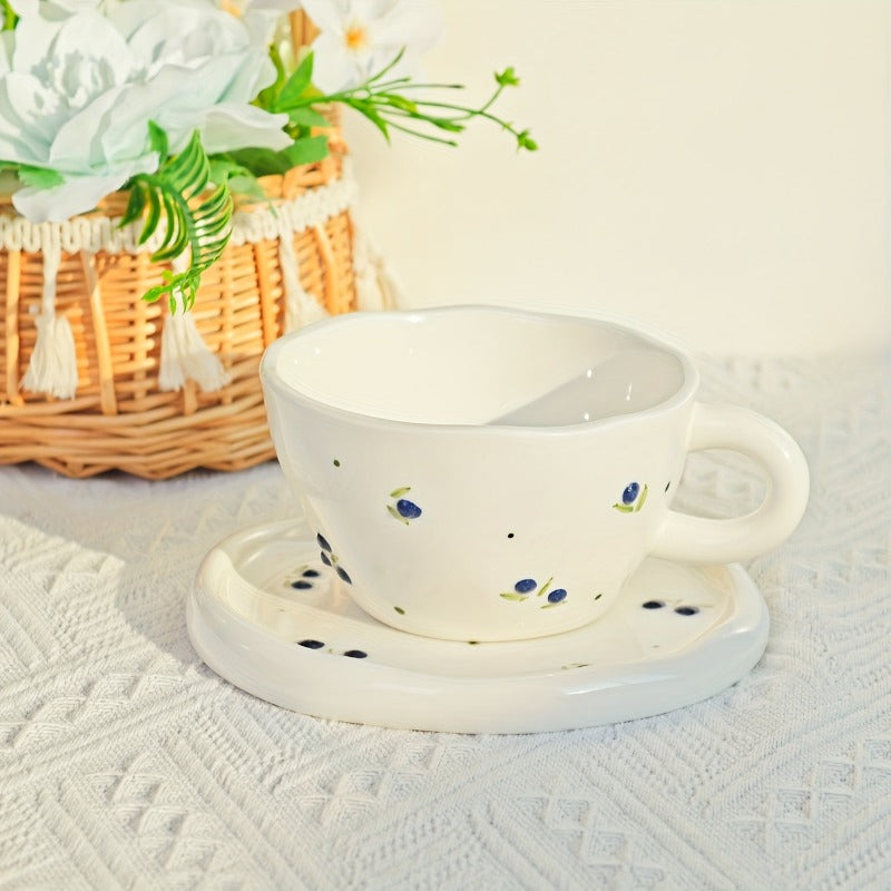 A Set of Creative and Simple Hand-pulled and Hand-drawn Three-dimensional Relief Cherry, Blueberry and Lemon Ceramic Coffee Cups and Plates for Home Use