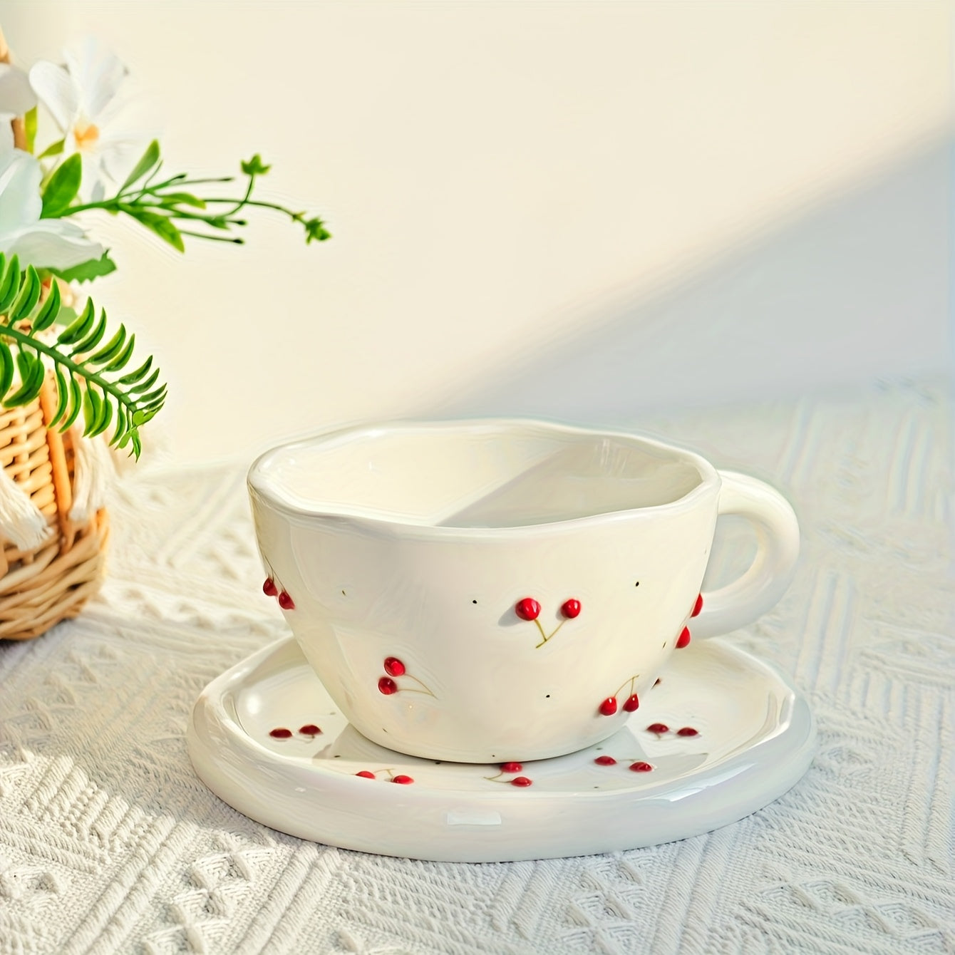 A Set of Creative and Simple Hand-pulled and Hand-drawn Three-dimensional Relief Cherry, Blueberry and Lemon Ceramic Coffee Cups and Plates for Home Use