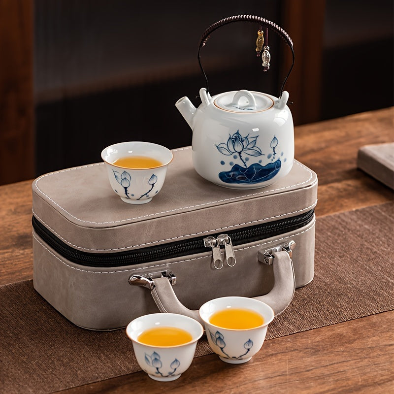 A Set of Hand-Painted Teapots, And Porcelain Travel Tea Set, Lotus Flower Kettle with a Storage Bag, One Kettle And Three Cups, Portable Tea And Coffee Combination for Outdoor Camping, a Business Gift, Perfect for Tea Enthusiasts