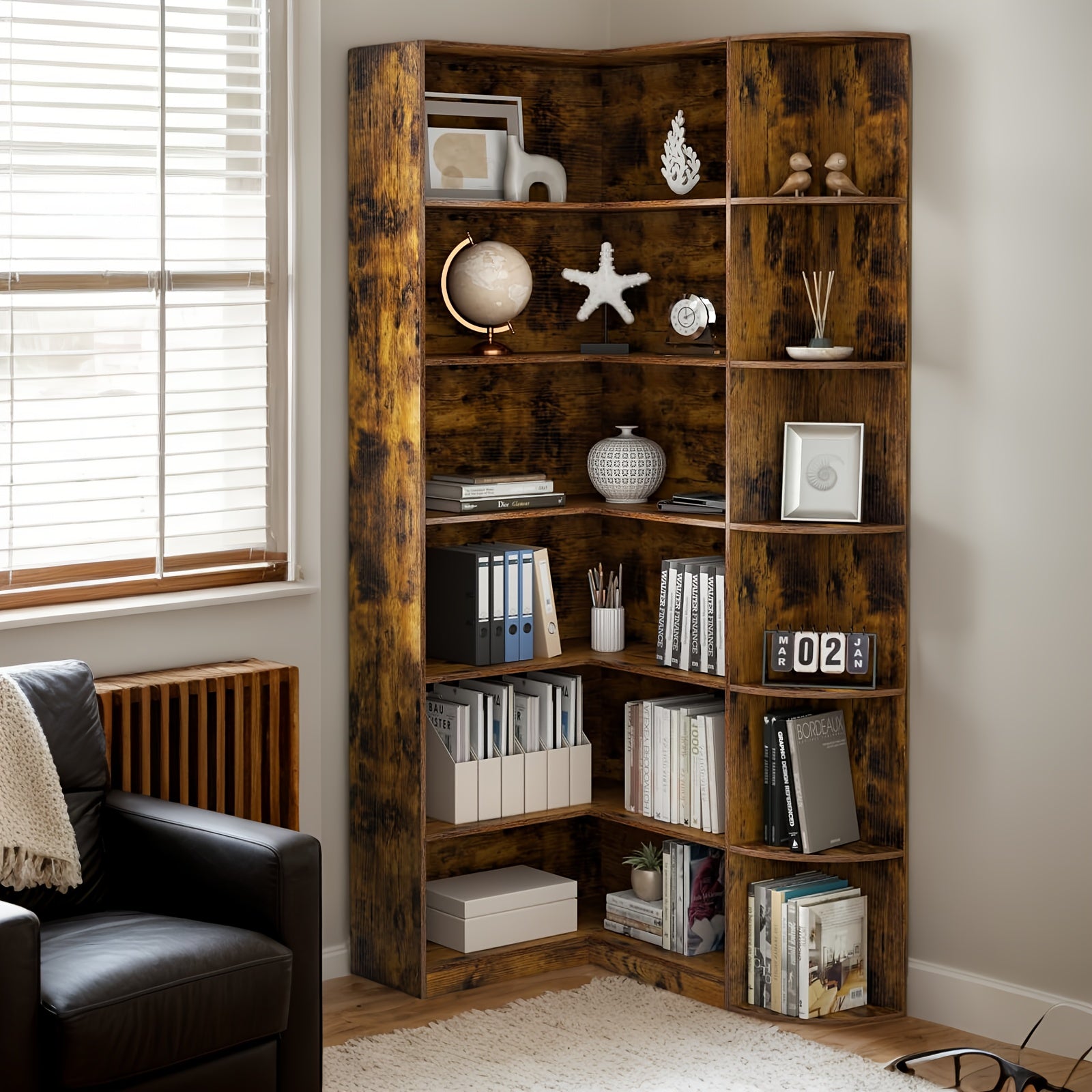 Contemporary 71-Inch Tall Bookshelf, a Standalone Corner Unit, Finished in an Elegant White, Offers 6 Levels of Storage with a Complete Backsplash, Ideal for Enhancing The Functional Aesthetics of Your Living Room, Bedroom, And Office