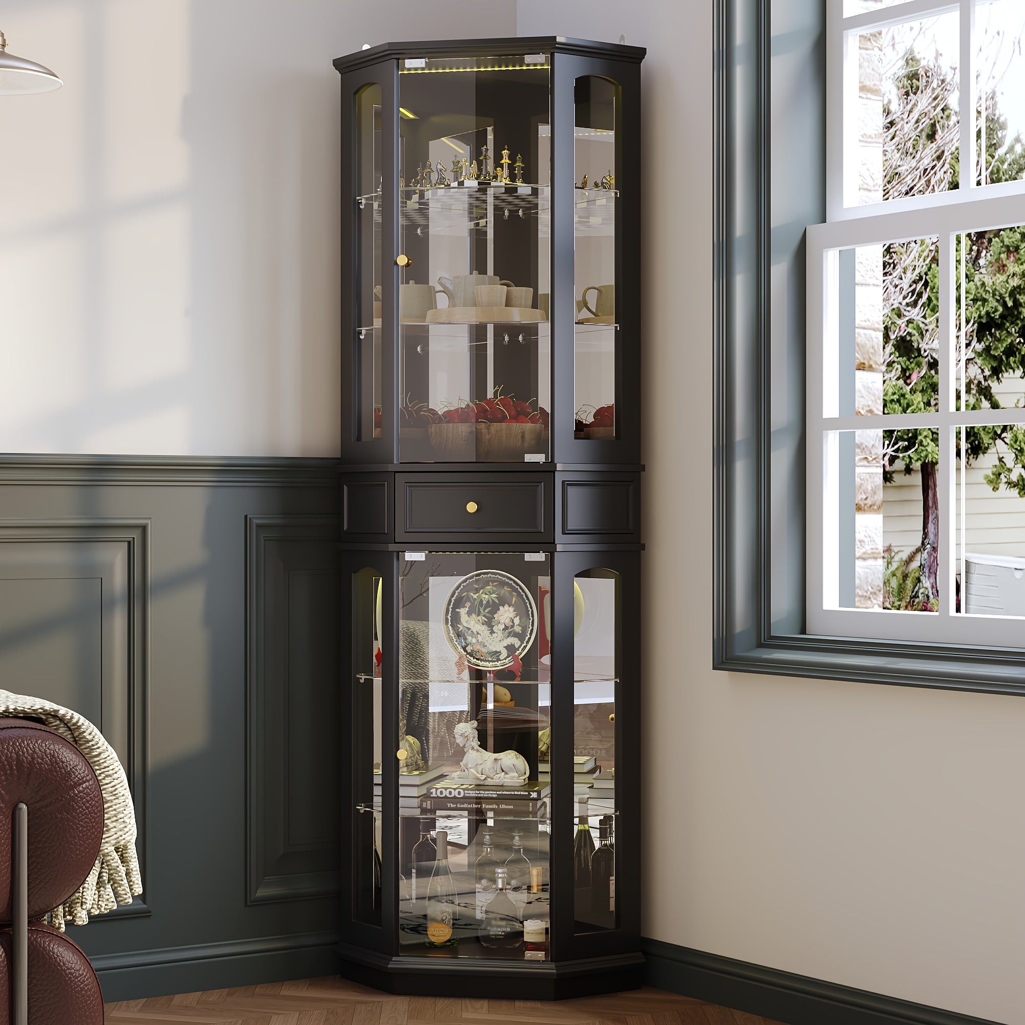 77.5 Inches High Glass Showcase Featuring One Drawer And Six Shelves, a Bookcase Equipped with Seven-Color LED Lighting And Tempered Glass Doors, a Storage Unit Suitable for The Living Room, Stylishly Designed in Black