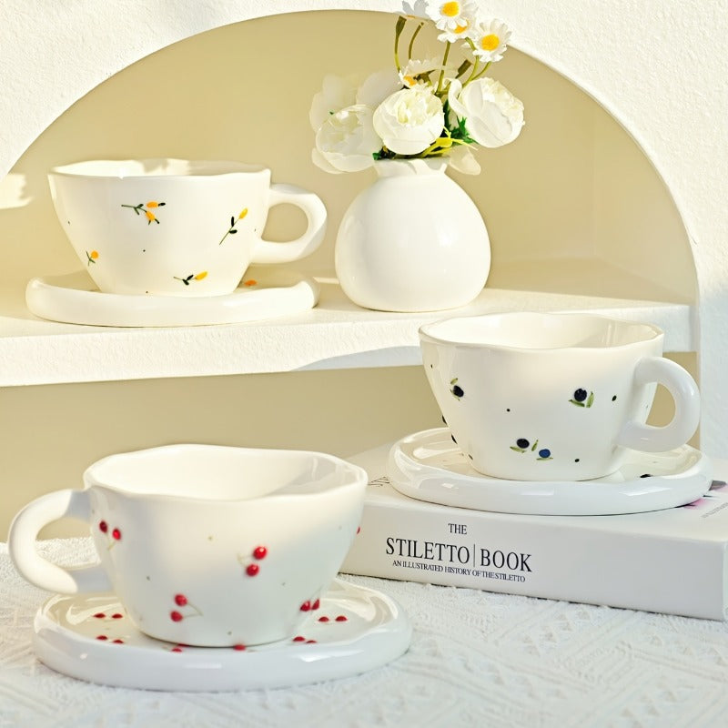 A Set of Creative and Simple Hand-pulled and Hand-drawn Three-dimensional Relief Cherry, Blueberry and Lemon Ceramic Coffee Cups and Plates for Home Use
