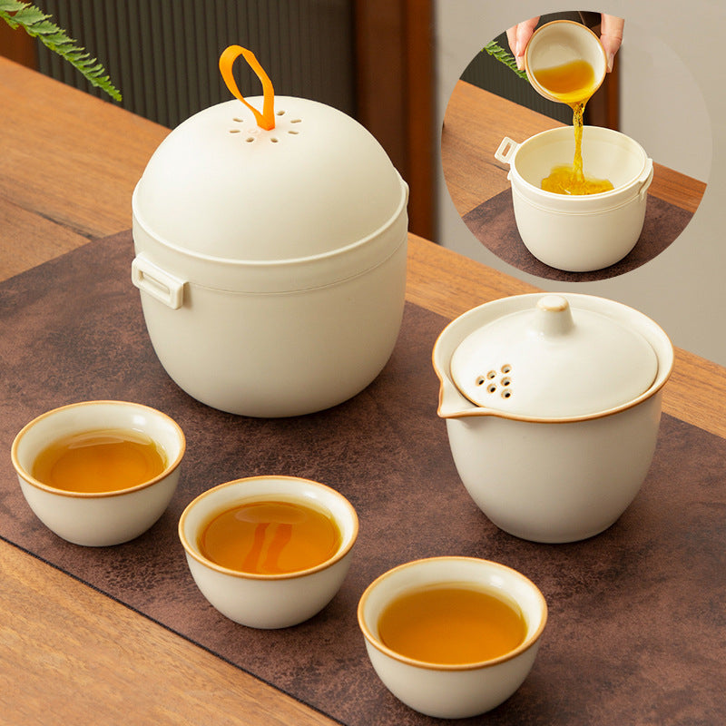 4pcs Vintage Beige Ruyao Ceramic Teapot Set(Travel Case) Portable Outdoor Travel Teapot Set The Perfect Travel Gift Accessory