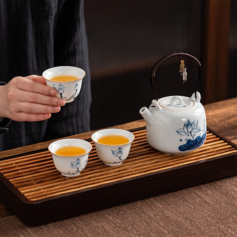 A Set of Hand-Painted Teapots, And Porcelain Travel Tea Set, Lotus Flower Kettle with a Storage Bag, One Kettle And Three Cups, Portable Tea And Coffee Combination for Outdoor Camping, a Business Gift, Perfect for Tea Enthusiasts