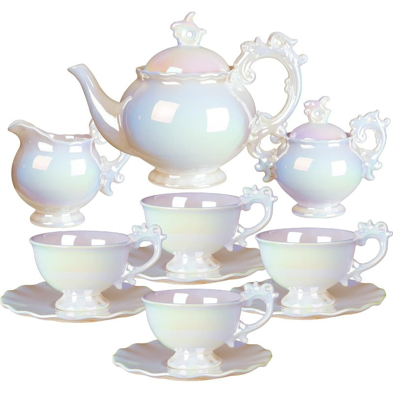 15pcs Modern British Porcelain Tea Set with an Iridescent Finish, Perfect for a Tea Party, Featuring a Large White Teapot Designed for Women.
