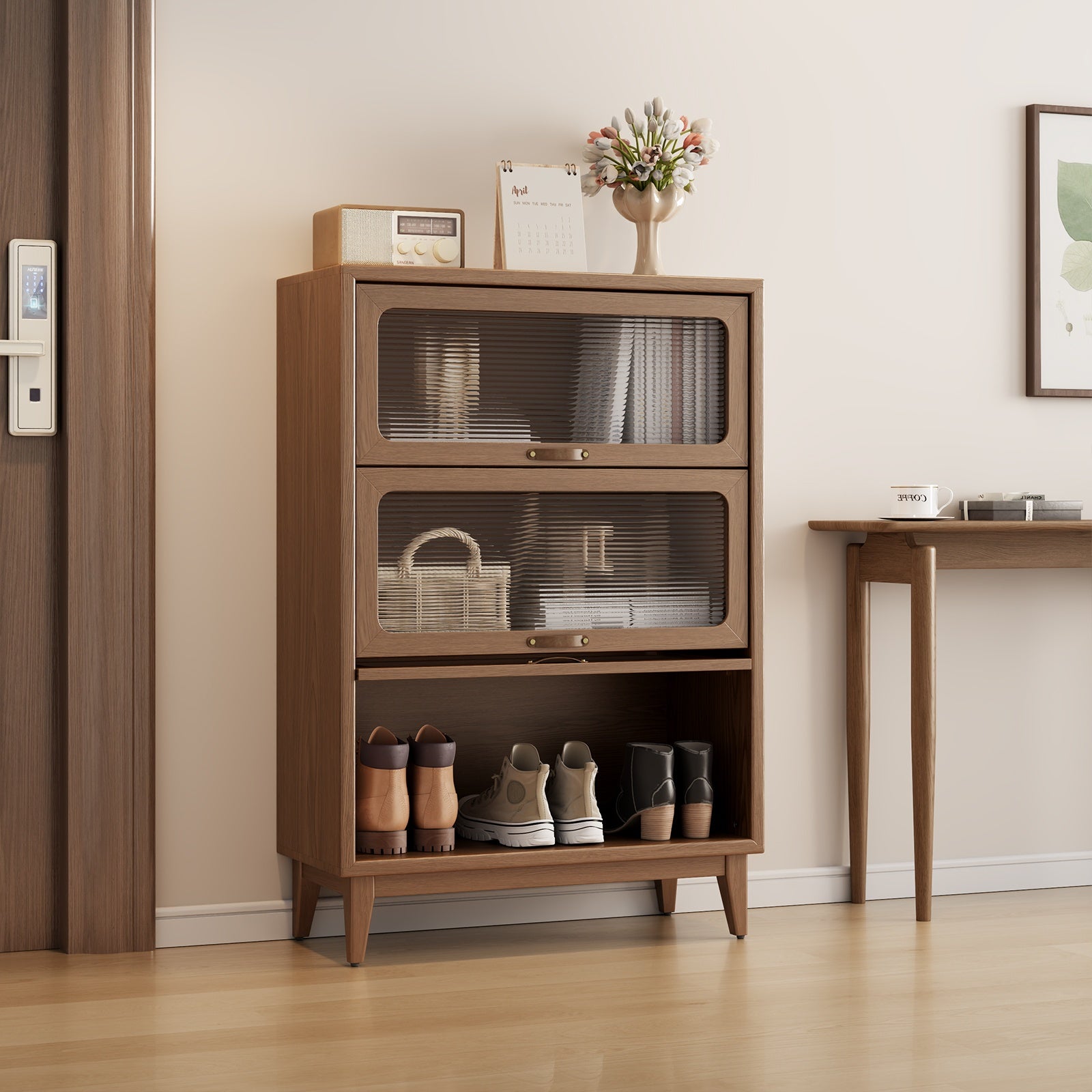 : Solid Wood Bookshelf with Glass Doors, Floor-Standing Storage Shelf, Wall-Mounted Narrow Cabinet with Extra Large Capacity, Bedside Bookcase with Storage Space, Christmas Gift, Black Friday Product