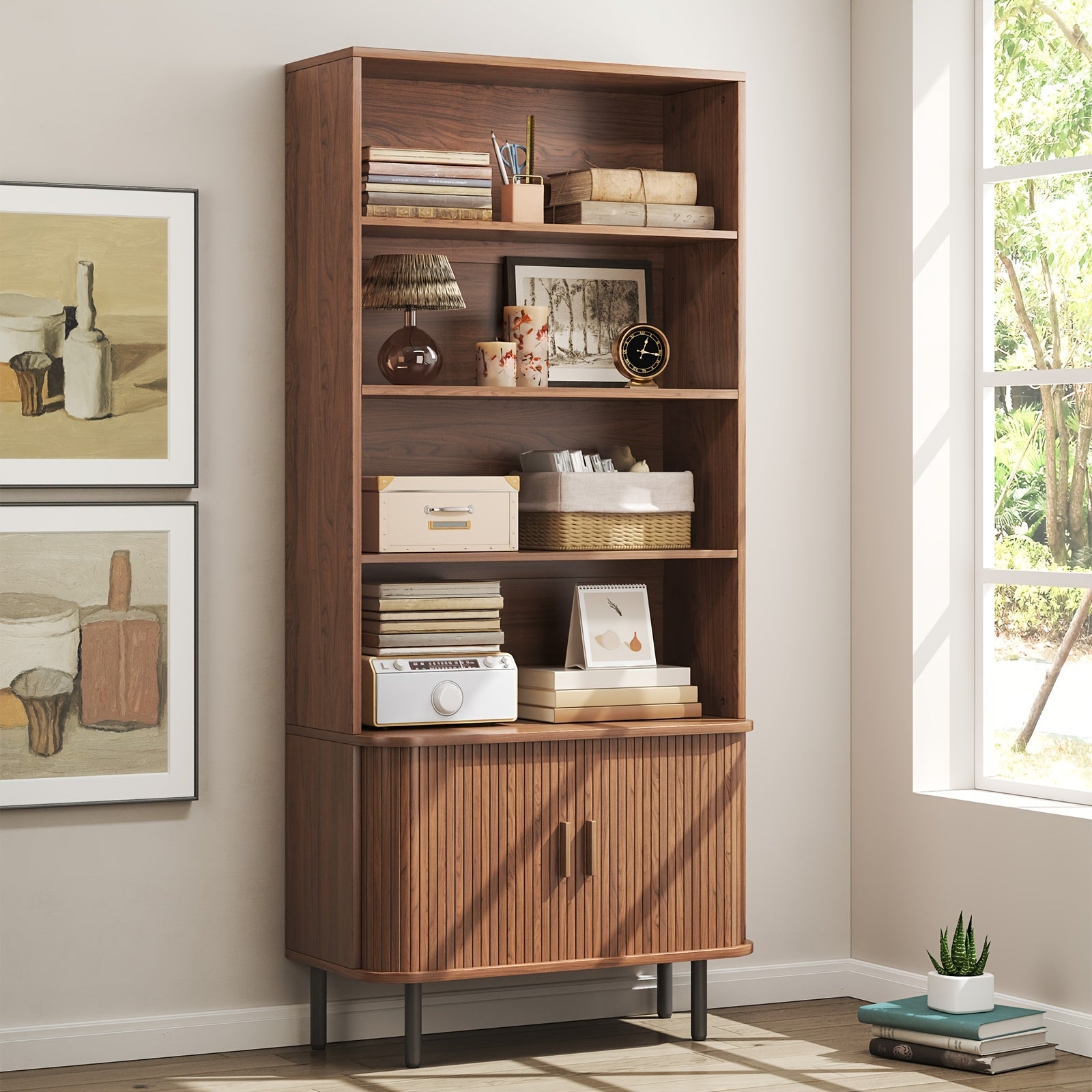 71-Inch Bookshelf Featuring 4 Shelves, Storage Cabinets, Adjustable Shelves with Sliding Doors, And Adjustable Feet, Suitable for Home Office Or Living Room in Walnut Finish.