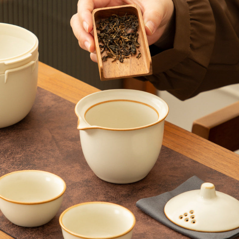 4pcs Vintage Beige Ruyao Ceramic Teapot Set(Travel Case) Portable Outdoor Travel Teapot Set The Perfect Travel Gift Accessory