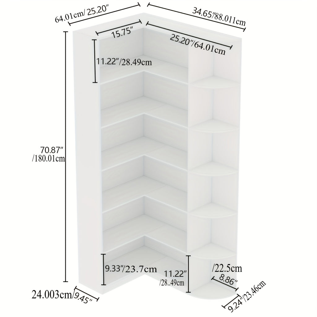 Contemporary 71-Inch Tall Bookshelf, a Standalone Corner Unit, Finished in an Elegant White, Offers 6 Levels of Storage with a Complete Backsplash, Ideal for Enhancing The Functional Aesthetics of Your Living Room, Bedroom, And Office