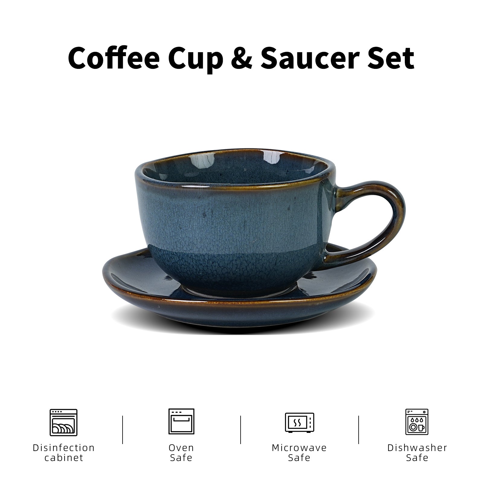 6-Piece Handmade Ceramic Coffee Cup Set with Saucers - Organic Highland Shape, Reactive Glaze & Wavy Rim, 8oz, Microwave & Dishwasher Safe, Scratch Resistant - Modern Blue