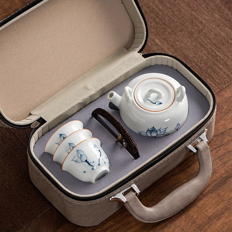 A Set of Hand-Painted Teapots, And Porcelain Travel Tea Set, Lotus Flower Kettle with a Storage Bag, One Kettle And Three Cups, Portable Tea And Coffee Combination for Outdoor Camping, a Business Gift, Perfect for Tea Enthusiasts