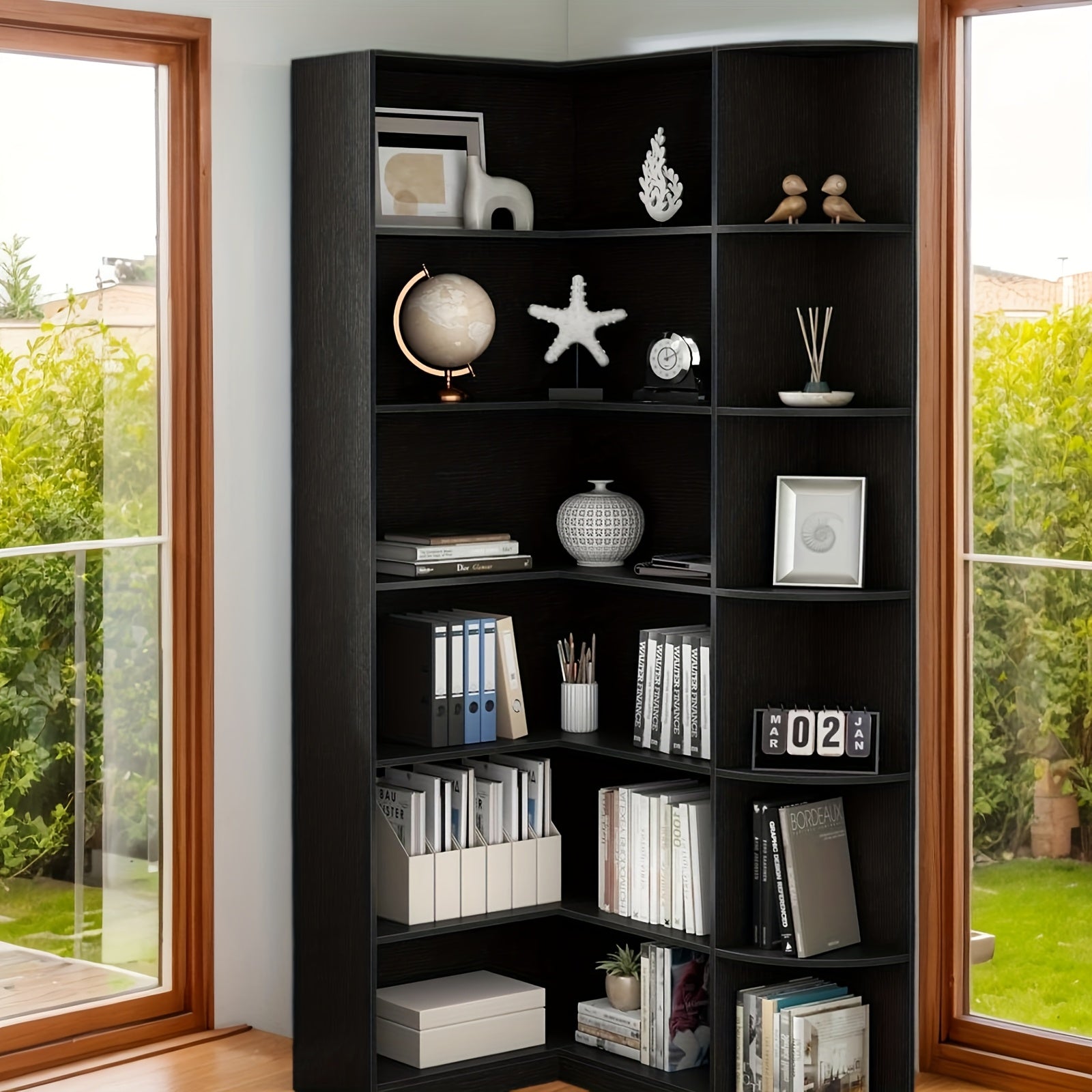 Contemporary 71-Inch Tall Bookshelf, a Standalone Corner Unit, Finished in an Elegant White, Offers 6 Levels of Storage with a Complete Backsplash, Ideal for Enhancing The Functional Aesthetics of Your Living Room, Bedroom, And Office
