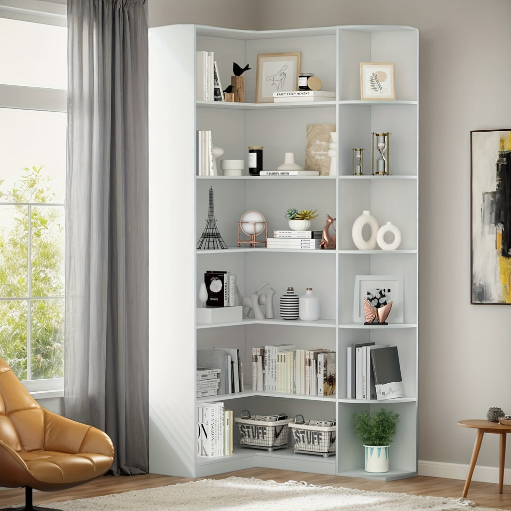 Contemporary 71-Inch Tall Bookshelf, a Standalone Corner Unit, Finished in an Elegant White, Offers 6 Levels of Storage with a Complete Backsplash, Ideal for Enhancing The Functional Aesthetics of Your Living Room, Bedroom, And Office