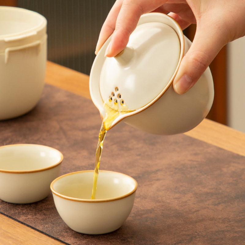 4pcs Vintage Beige Ruyao Ceramic Teapot Set(Travel Case) Portable Outdoor Travel Teapot Set The Perfect Travel Gift Accessory