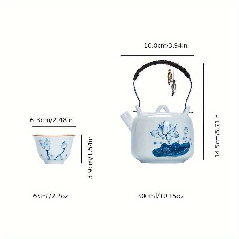 A Set of Hand-Painted Teapots, And Porcelain Travel Tea Set, Lotus Flower Kettle with a Storage Bag, One Kettle And Three Cups, Portable Tea And Coffee Combination for Outdoor Camping, a Business Gift, Perfect for Tea Enthusiasts