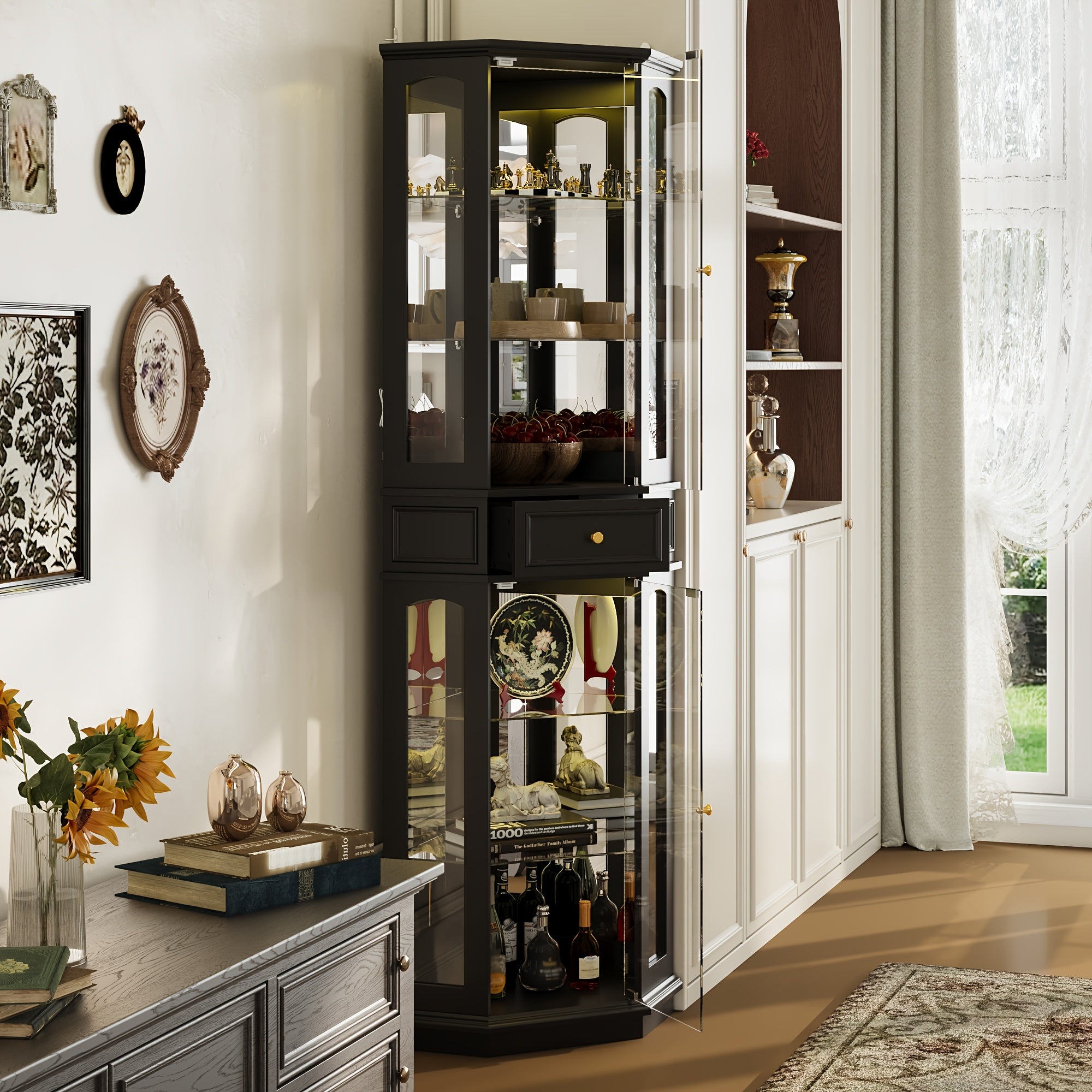 77.5 Inches High Glass Showcase Featuring One Drawer And Six Shelves, a Bookcase Equipped with Seven-Color LED Lighting And Tempered Glass Doors, a Storage Unit Suitable for The Living Room, Stylishly Designed in Black