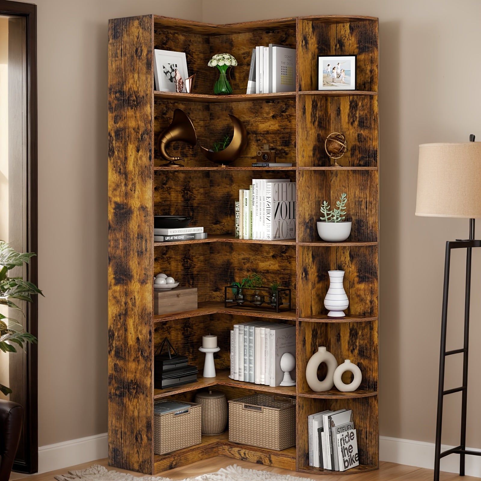 Contemporary 71-Inch Tall Bookshelf, a Standalone Corner Unit, Finished in an Elegant White, Offers 6 Levels of Storage with a Complete Backsplash, Ideal for Enhancing The Functional Aesthetics of Your Living Room, Bedroom, And Office