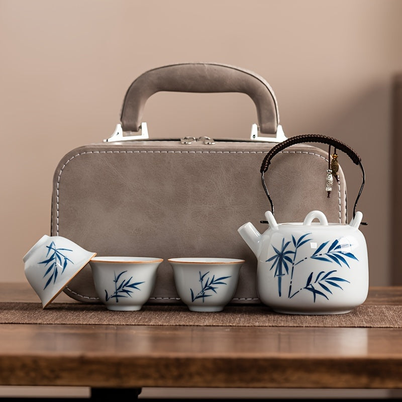 A Set of Hand-Painted Teapots, And Porcelain Travel Tea Set, Lotus Flower Kettle with a Storage Bag, One Kettle And Three Cups, Portable Tea And Coffee Combination for Outdoor Camping, a Business Gift, Perfect for Tea Enthusiasts