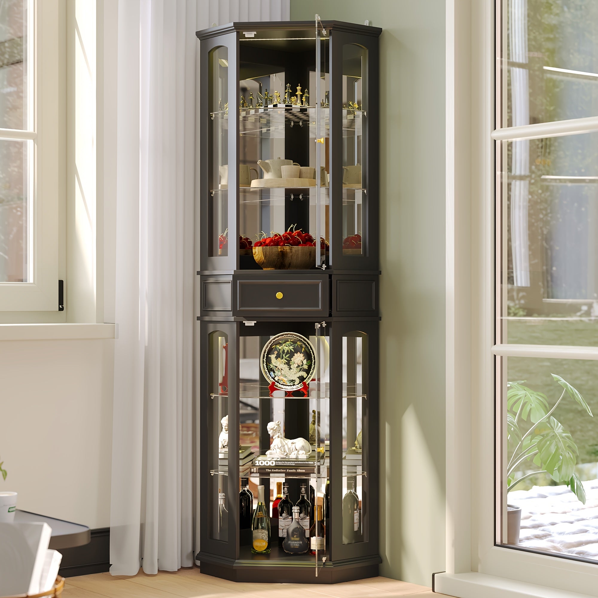 77.5 Inches High Glass Showcase Featuring One Drawer And Six Shelves, a Bookcase Equipped with Seven-Color LED Lighting And Tempered Glass Doors, a Storage Unit Suitable for The Living Room, Stylishly Designed in Black