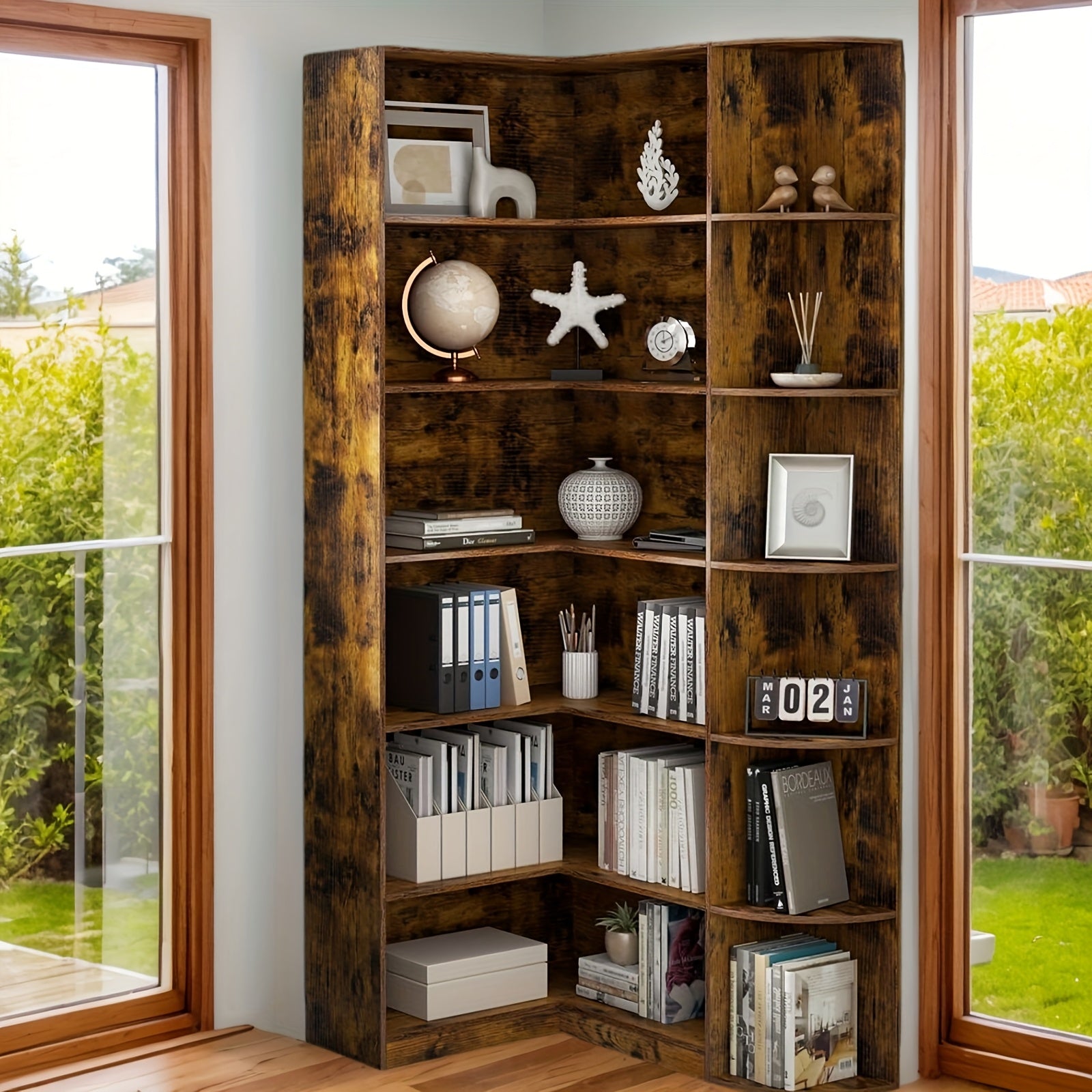 Contemporary 71-Inch Tall Bookshelf, a Standalone Corner Unit, Finished in an Elegant White, Offers 6 Levels of Storage with a Complete Backsplash, Ideal for Enhancing The Functional Aesthetics of Your Living Room, Bedroom, And Office