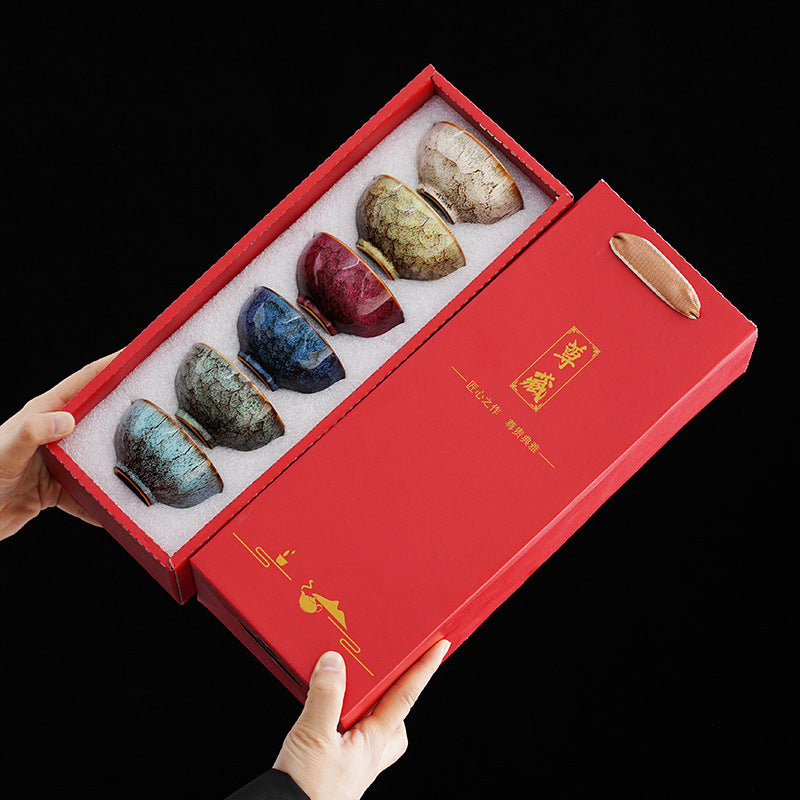 6pcs Handmade Kiln-Changed Teacup Ceramic Kung Fu Tea Set - Traditional Asian Design, Elegant Brown & Golden Glaze, Perfect for Home Office, Restaurants, Business Gifts for Tea Lovers, Restaurant Tableware, Sophisticated Tableware, Durable Tableware