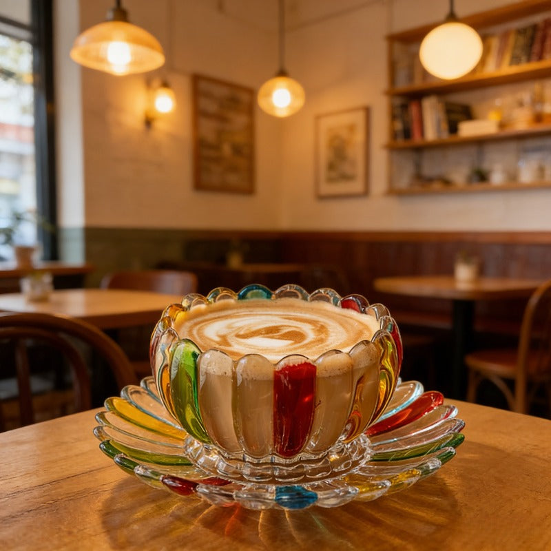 2pcs Glass Coffee Cups with Saucers - Vintage Shaped Mugs & Saucer Suitable for Afternoon Tea, Dessert Bowls, Latte Cups for, Cafes, Parties - Elegant Glassware for Hot\u002F Drinks