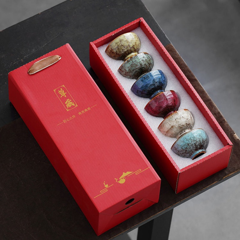 6pcs Handmade Kiln-Changed Teacup Ceramic Kung Fu Tea Set - Traditional Asian Design, Elegant Brown & Golden Glaze, Perfect for Home Office, Restaurants, Business Gifts for Tea Lovers, Restaurant Tableware, Sophisticated Tableware, Durable Tableware