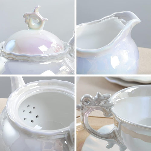 15pcs Modern British Porcelain Tea Set with an Iridescent Finish, Perfect for a Tea Party, Featuring a Large White Teapot Designed for Women.